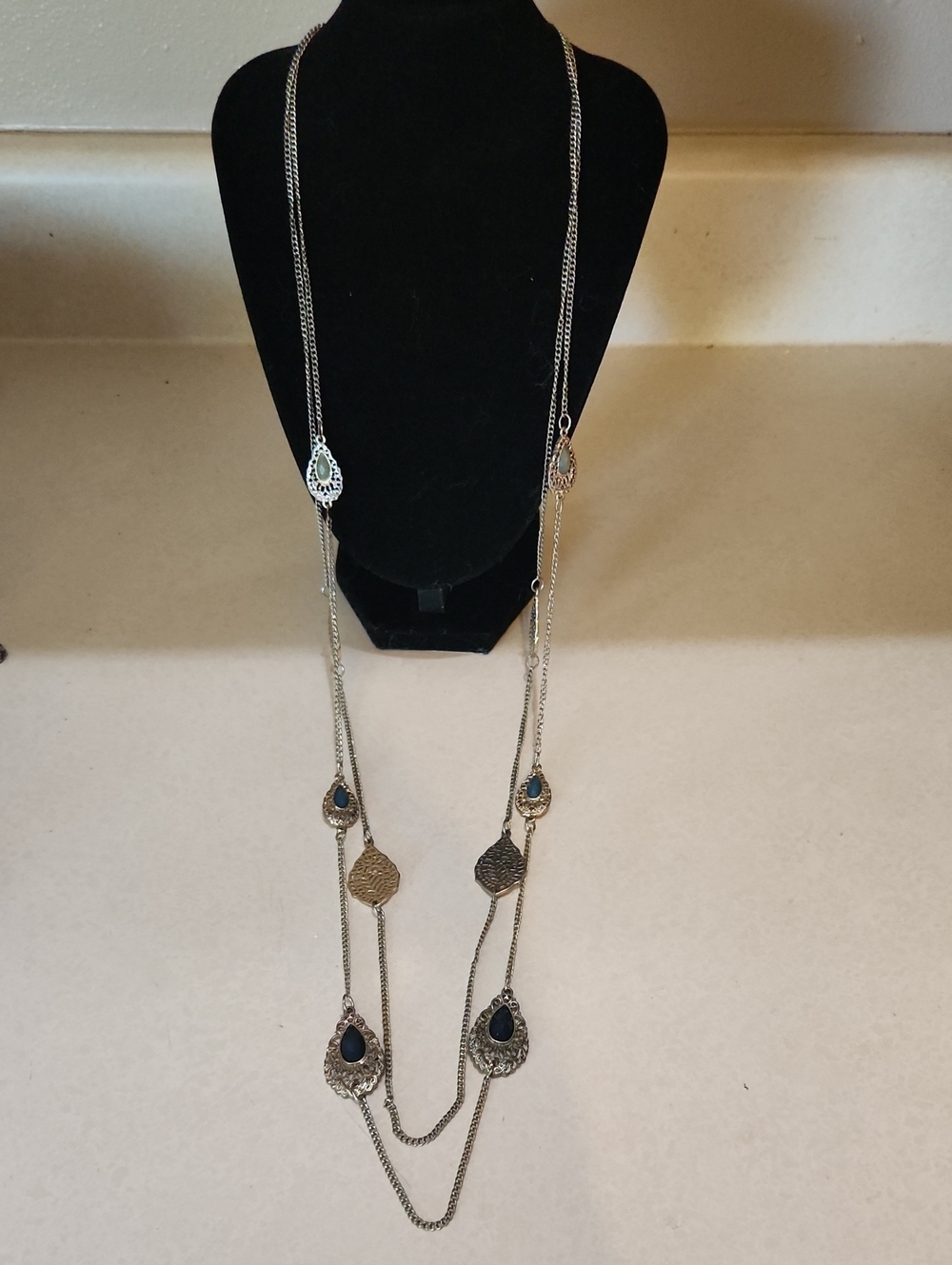 NY Long Multi-Drop Silver Necklace with Green Stones In Multiple Shades